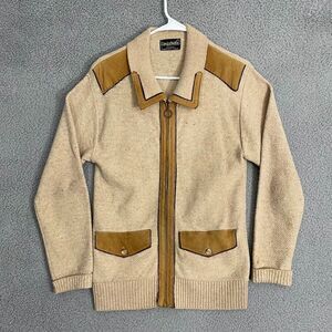 Vintage 60s Challenger Sweater Men S Tan Leather Trim Knit Full Zip